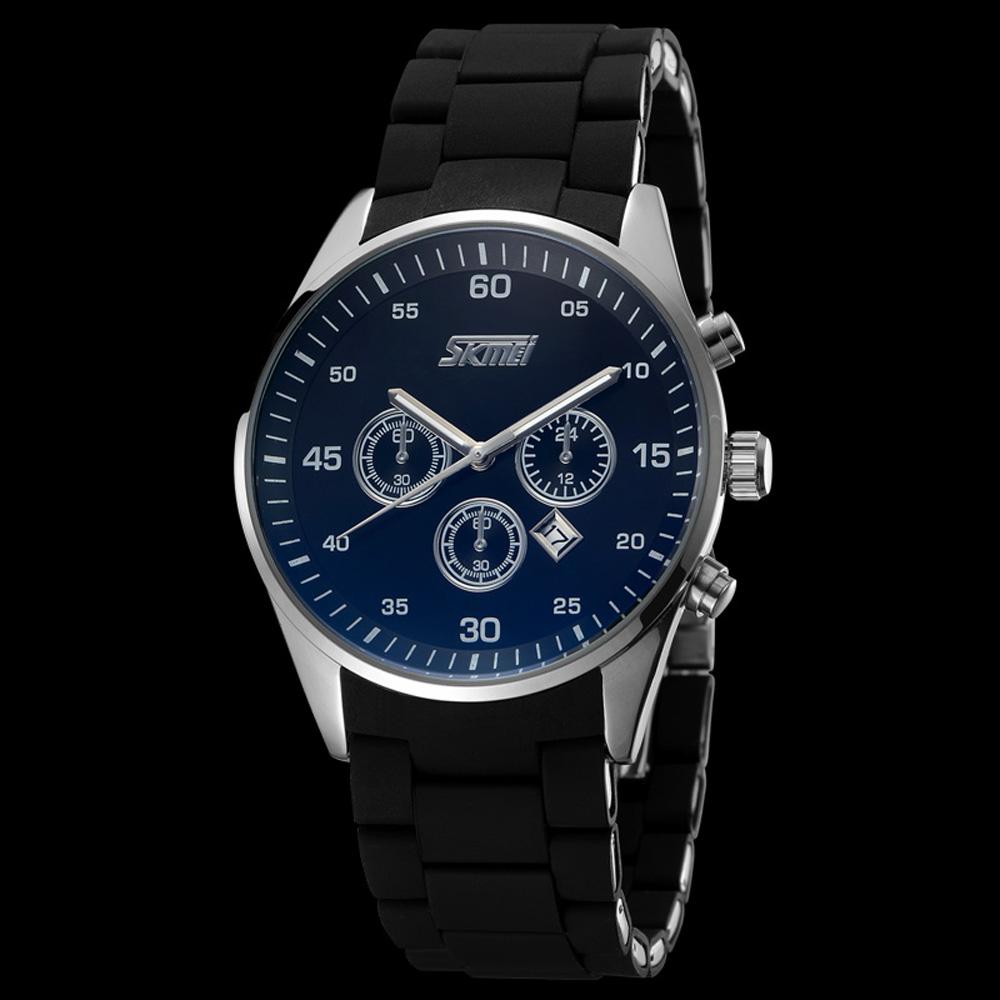 Đồng hồ thời trang nam chống nước SKMEI 3ATM với 3 mặt số phụ với dây đeo bằng hợp kim silicone