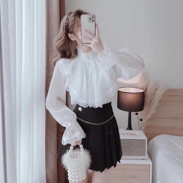 Áo sơ mi babydoll tiểu thư 2 lớp phối ren ulzzang nữ tính, mầu đen, trắng, be, cocoland
