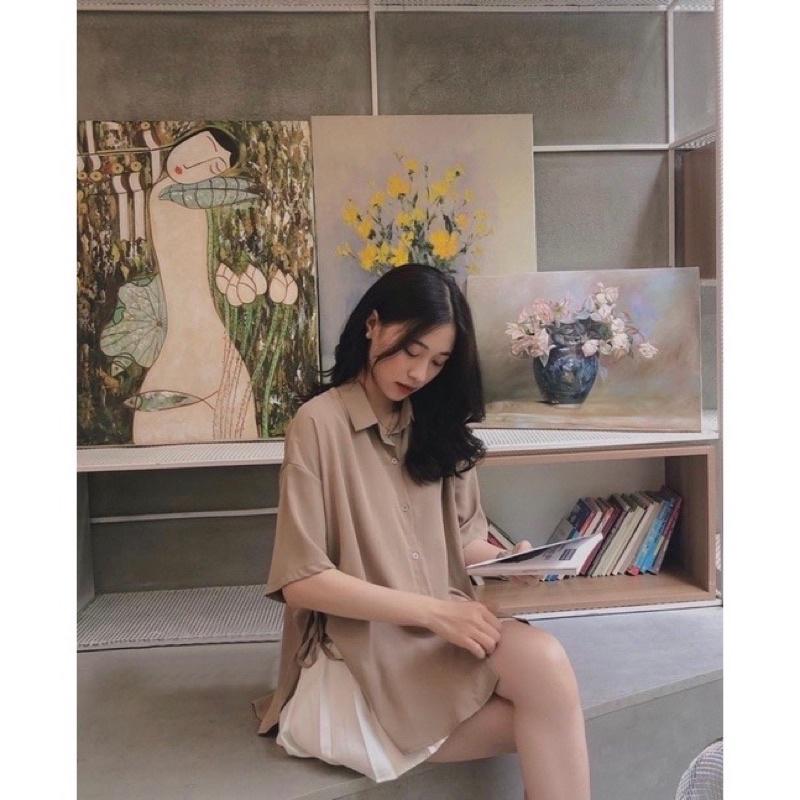Áo Sơ Mi Nữ Cộc Tay Dây Nơ Eo Somi Nữ Tay Lỡ Dáng Dài 4 Màu