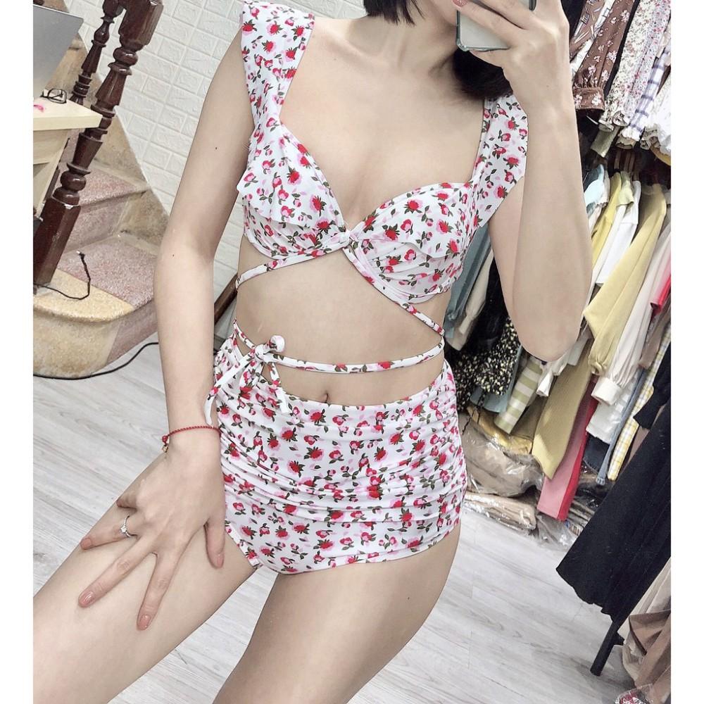 freeship Đồ bơi, bikini hai cánh tiên ️Freeship️ nền trắng hoa hồng nhí mặc đi biển đi bơi đẹp