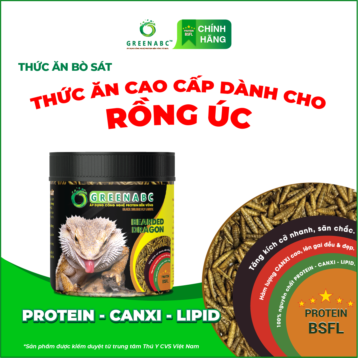 Thức ăn bò sát Rồng Úc GREENABC - Bearded Dragon – Hàm lượng protein 44.9% giúp tăng trưởng nhanh, lên màu đẹp, phát triển toàn diện – Hộp 68g