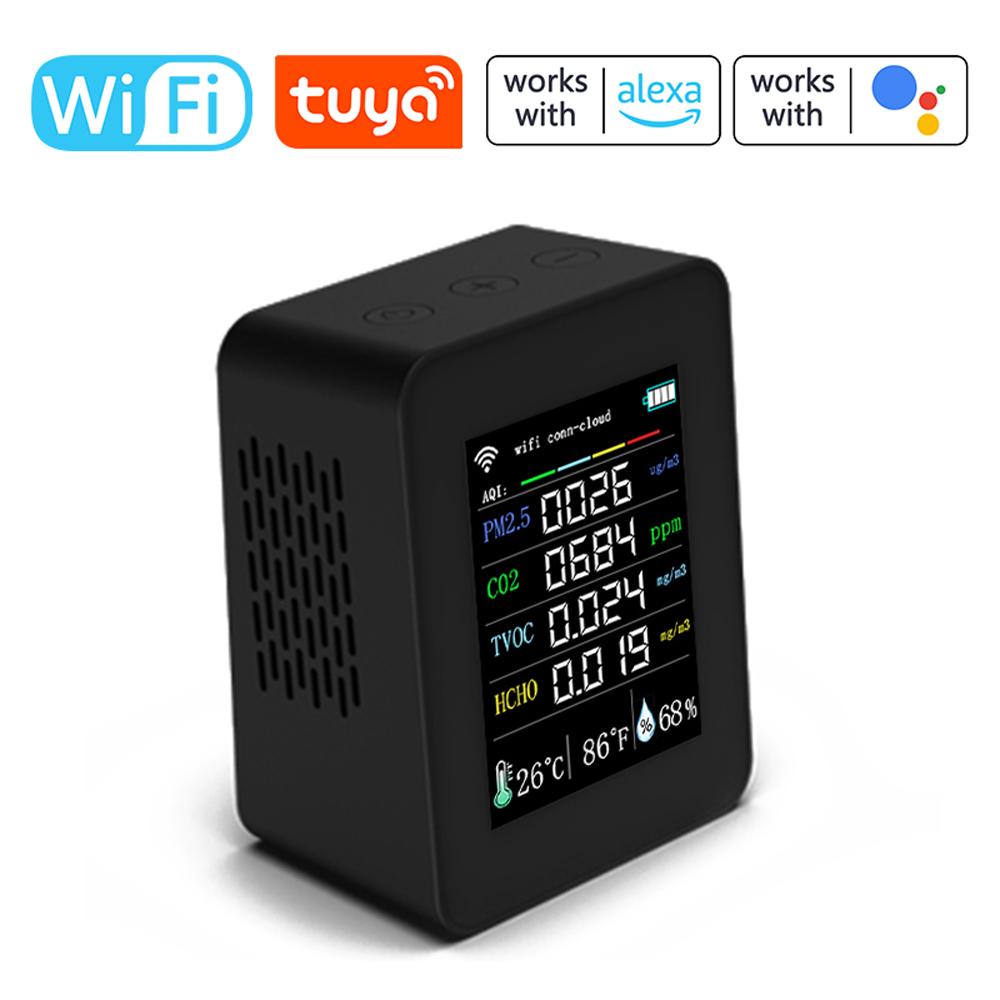 Tuya Wifi Portable Air Quality Meter 7in1 PM2.5 CO2 TVOC HCHO AQI Temperature Humidity Tester 2.8inch TFT Color Display Carbon Dioxide Detector Support Cellphone APP Control with Calendar Function