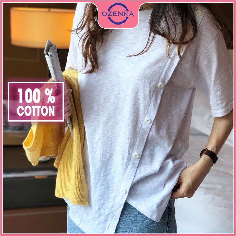 Áo thun rộng nữ tay ngắn cổ tròn sẻ tà, áo phông rộng phong cách hàn quốc 100% cotton màu đen trắng dưới 55 kg