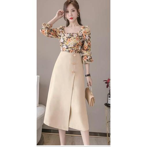 Chân Váy Tiểu Thư Chữ A Dáng Dài Phối Nút Công Sở Hàn Quốc