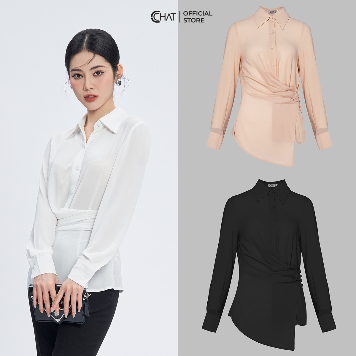 Áo Sơ Mi Nữ  Kiểu Cài Nhún Sườn Chất Liệu Chiffon Cao Cấp 13FDH2017ST