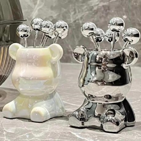 [KoSuyTu] Set 6 Dĩa INOX Ăn Hoa Quả Kèm Ống Cắm Dĩa Hình Gấu - Gọn Gàng Tiện Dụng Và Cute