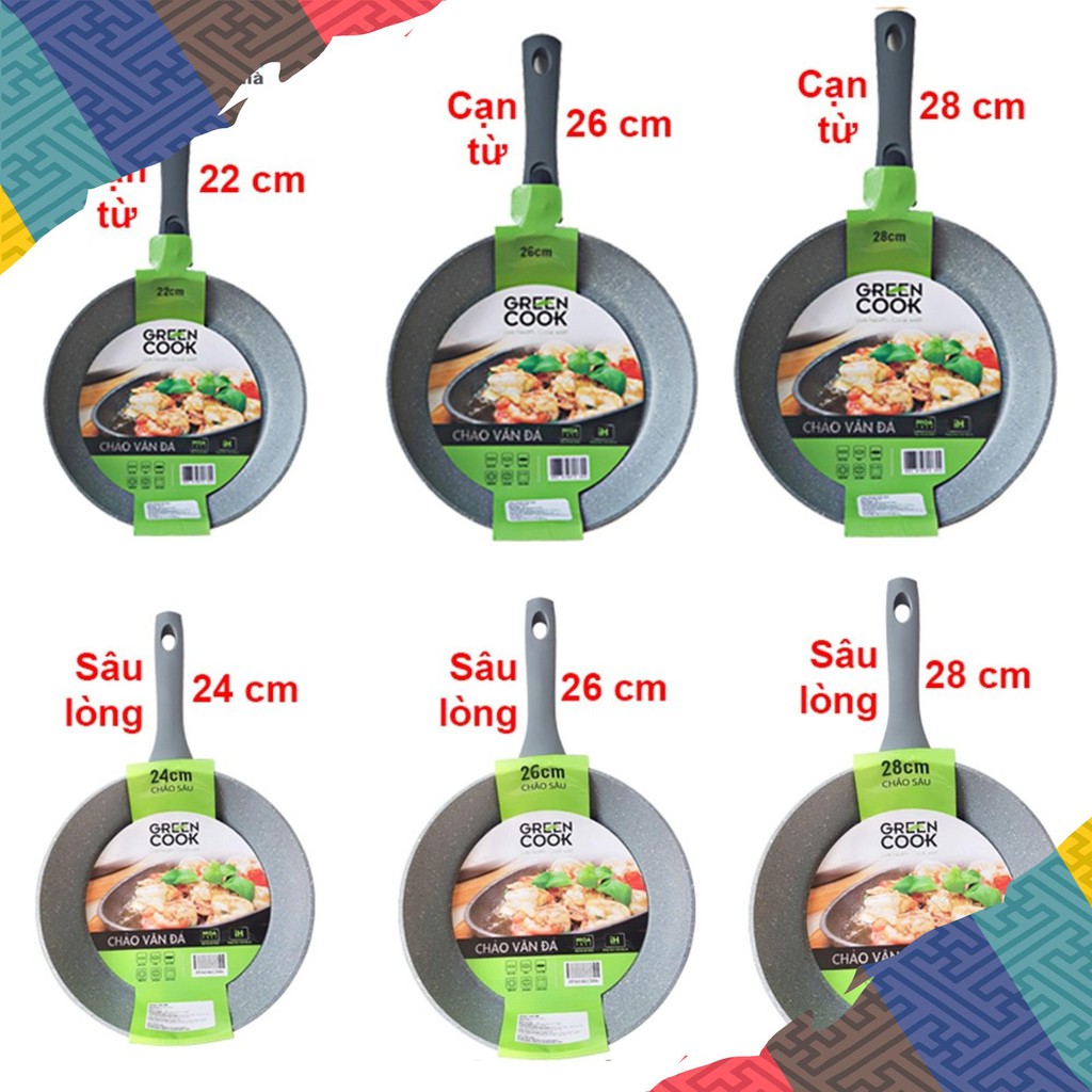 Chảo vân đá đáy từ chống dính CAO CẤP GreenCook Size 20 22 24 26 28 30cm