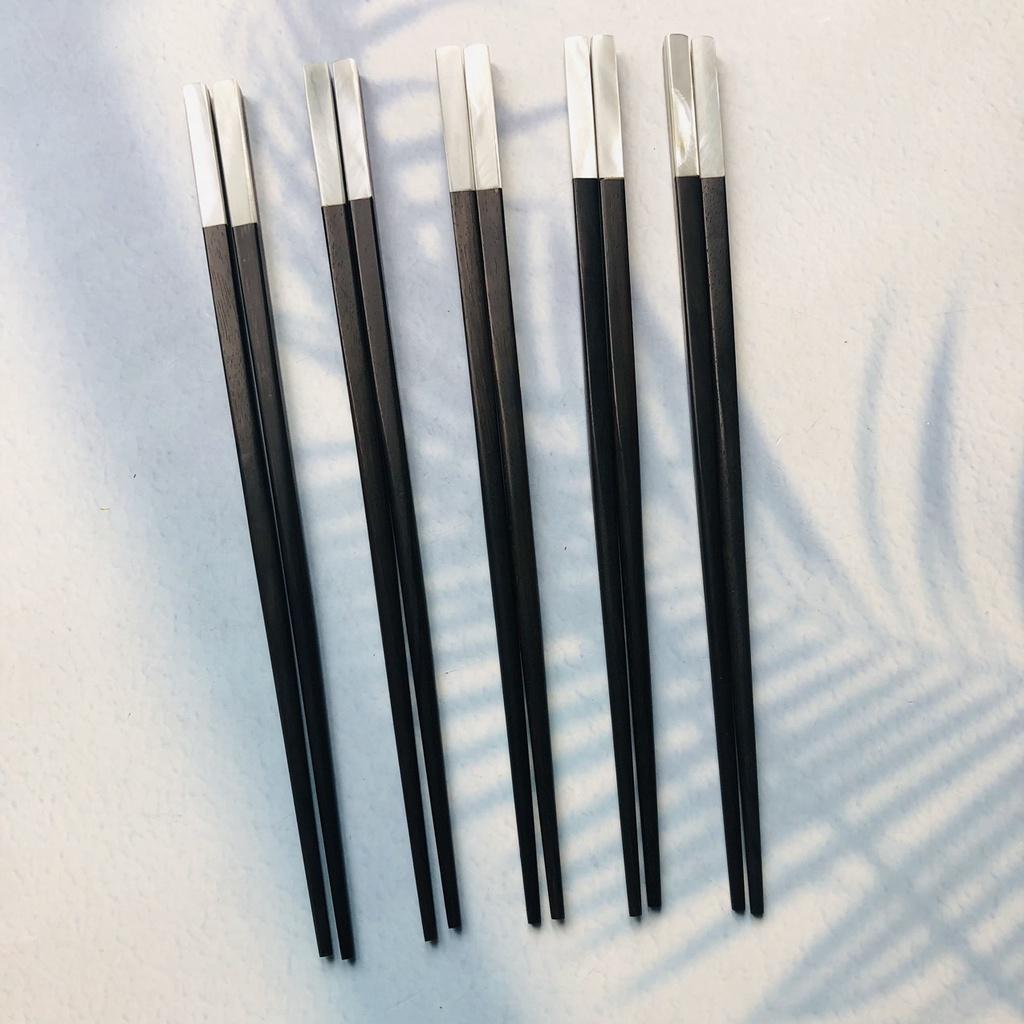 BÁT KEO VÀ ĐŨA GỖ MUN 25cm Cán Khảm Trai Trắng, Đũa Gỗ Mun Tự Nhiên, Phụ Kiện Nhà Bếp, Decor Của Craft Closet