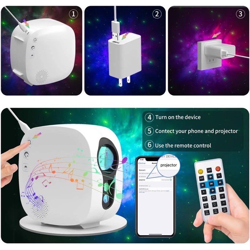 Đèn thiên hà V.2 mới nhất chiếu bầu trời sao kết hợp loa bluetooth cho phòng ngủ và phòng bay.