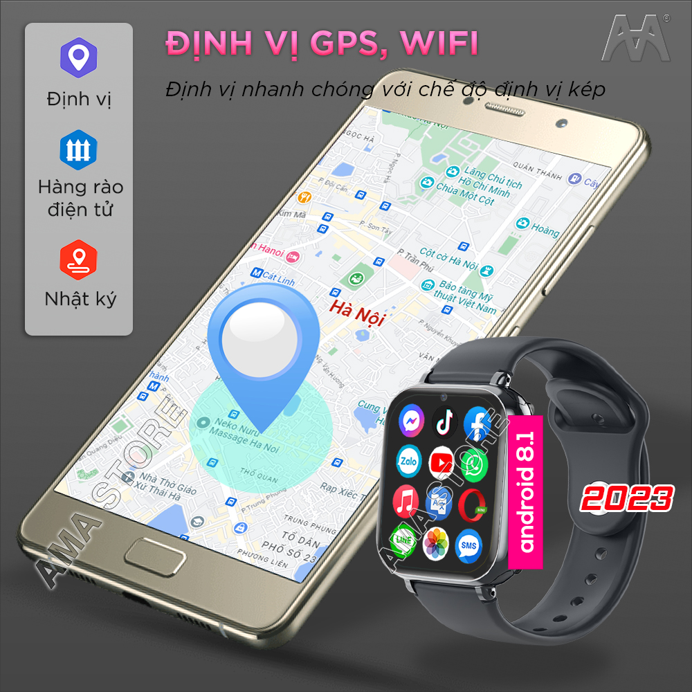 Đồng hồ Thông minh Định vị GPS gắn sim có ZaIo Messenger kết nối Wifi 4G Bluetooth xem Video Youtube TikTok nghe nhạc Online cho Trẻ em Học sinh Tiểu học THCS THPT chống nước Pin trâu AMA Smartwatch HW13 Android 8.1 2023 (Tặng Sim Viettel) hàng chính hãng