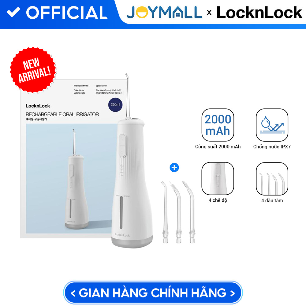 Máy tăm nước không dây LocknLock ENR154WHT 250ml, Hàng chính hãng, 4 chế độ, dung lượng pin 2000mAh - JoyMall