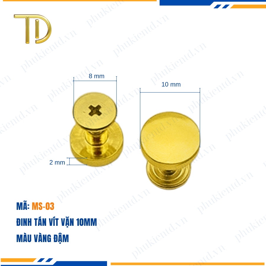 Đinh tán vít vặn, đinh tán vặn ren túi xách 10mm công nghệ mạ điện Electroplating độ bền 5-8 năm