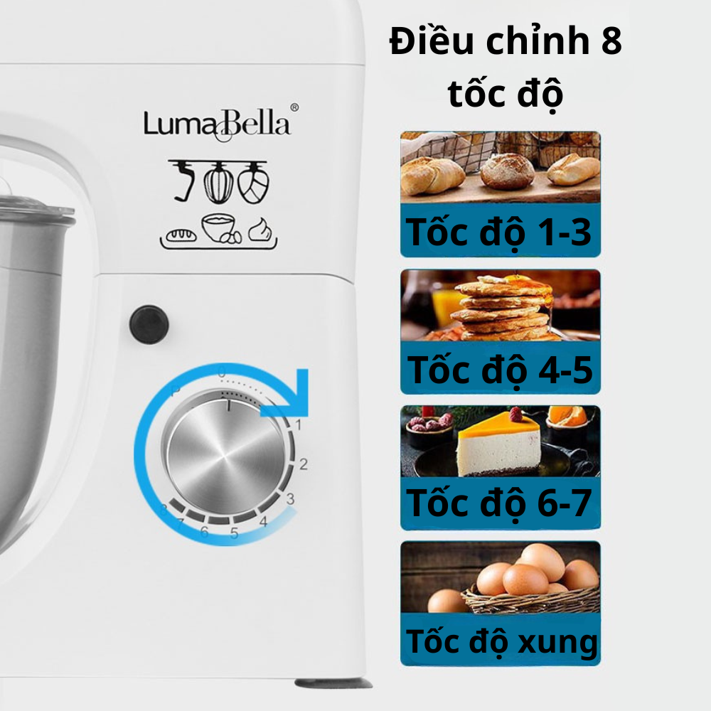 Máy trộn bột, nhào bôt làm bánh để bàn 3IN1 Lumabella LB-55001 công suất lớn 2000W, cối inox dung tích 6.2L, dễ dàng vệ sinh - DELIYA - HÀNG CHÍNH HÃNG