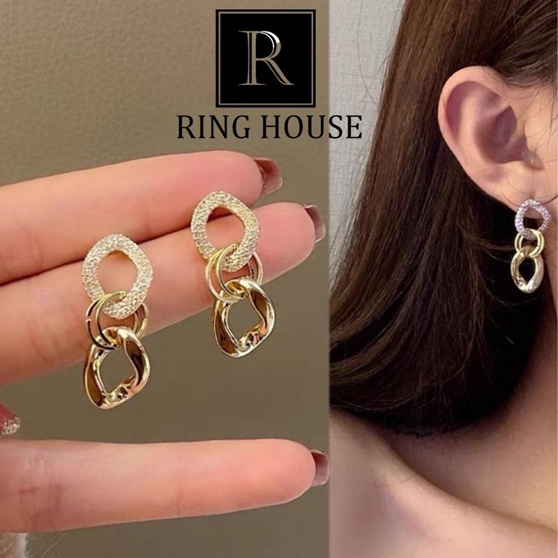 Bông Tai Khuyên Tai Nữ Cá Tính Dây Xích Đính Ngọc Đẹp