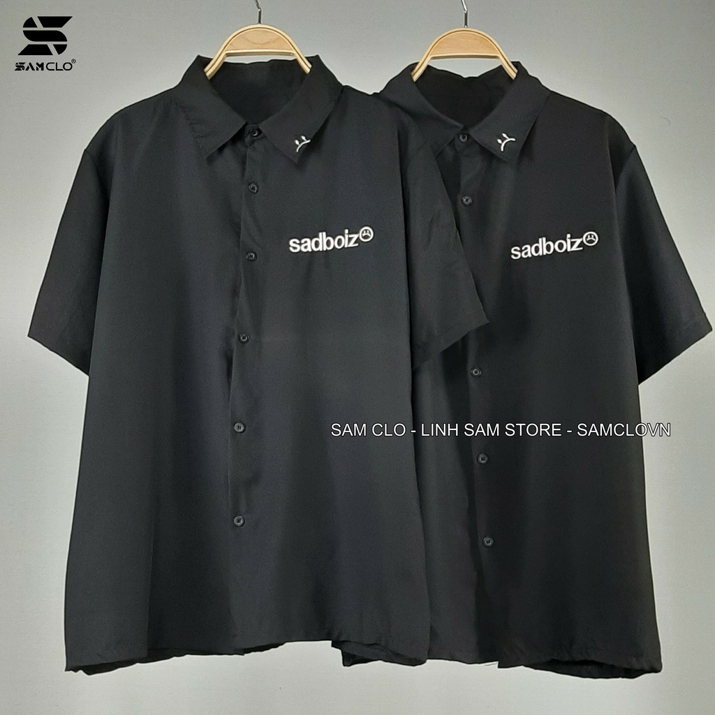 Áo SƠ MI NỮ form rộng cổ bẻ tay ngắn - lỡ dáng ulzzang freesize unisex mặc cặp, nhóm, THÊU chữ SADBOIZ