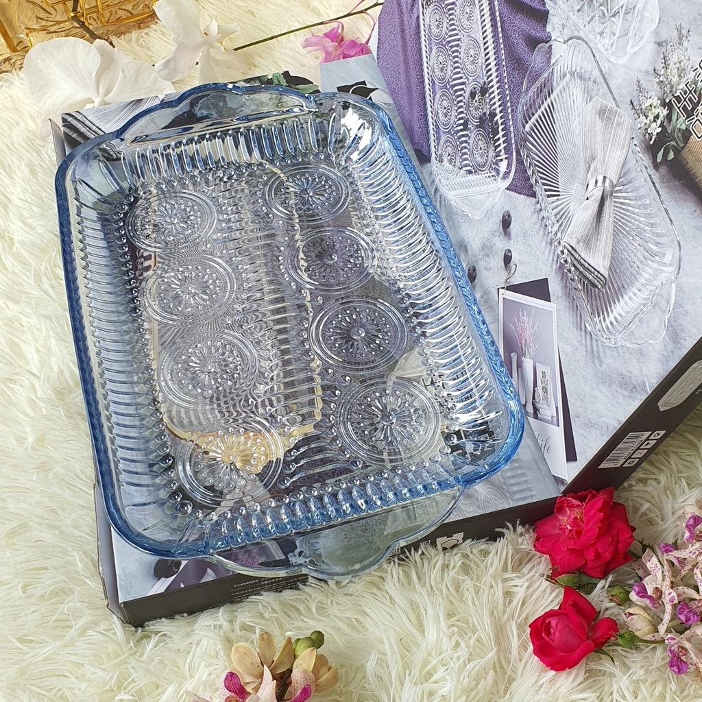 Dĩa Thủy Tinh Dài Để Ly/Cốc Hình Chữ Nhật, Khay Đựng Trái Cây, Bánh Mứt Thủy Tinh Cao Cấp Màu Xanh Hoa
