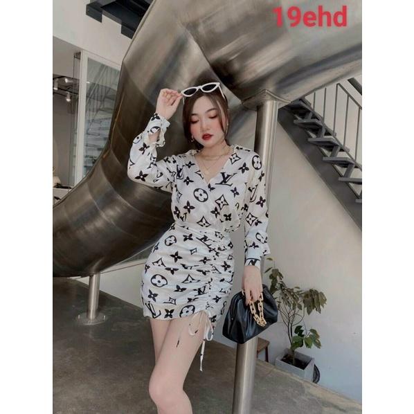 Đầm sơ mi hoạ tiết tay dài rút dây cực cá tính cài nút thật kèm hình thật