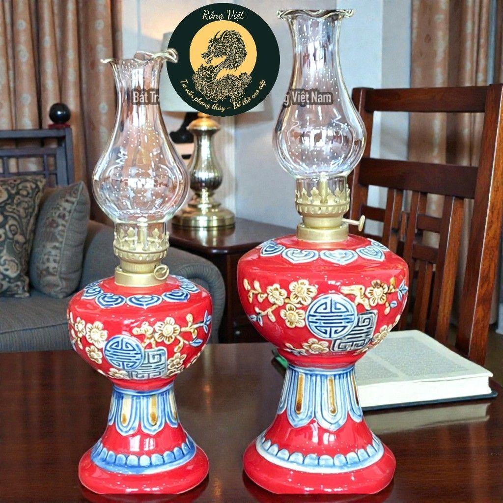 Đèn Dầu Đắp Nổi Bát Tràng Men Đỏ RỒNG VIỆT – Họa Tiết Sen & Đào Thọ Gốm Thủ Công bất tràng Cao Cấp