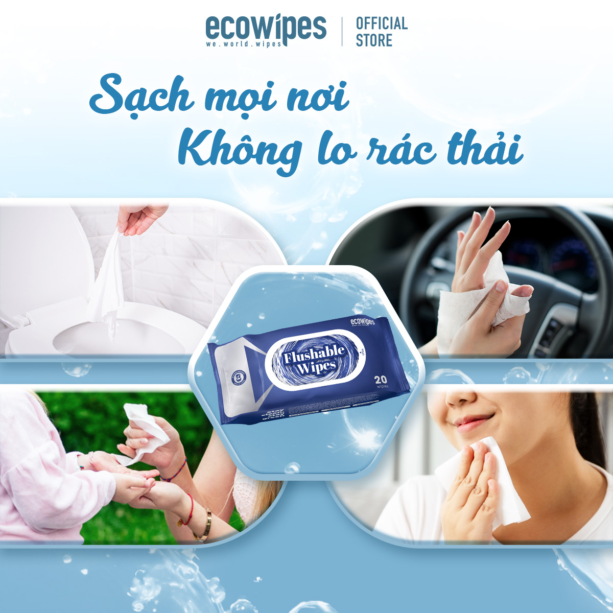 Khăn ướt vệ sinh phân hủy Flushable gói 20 tờ tan nhanh trong nước không lo tắt nghẽn