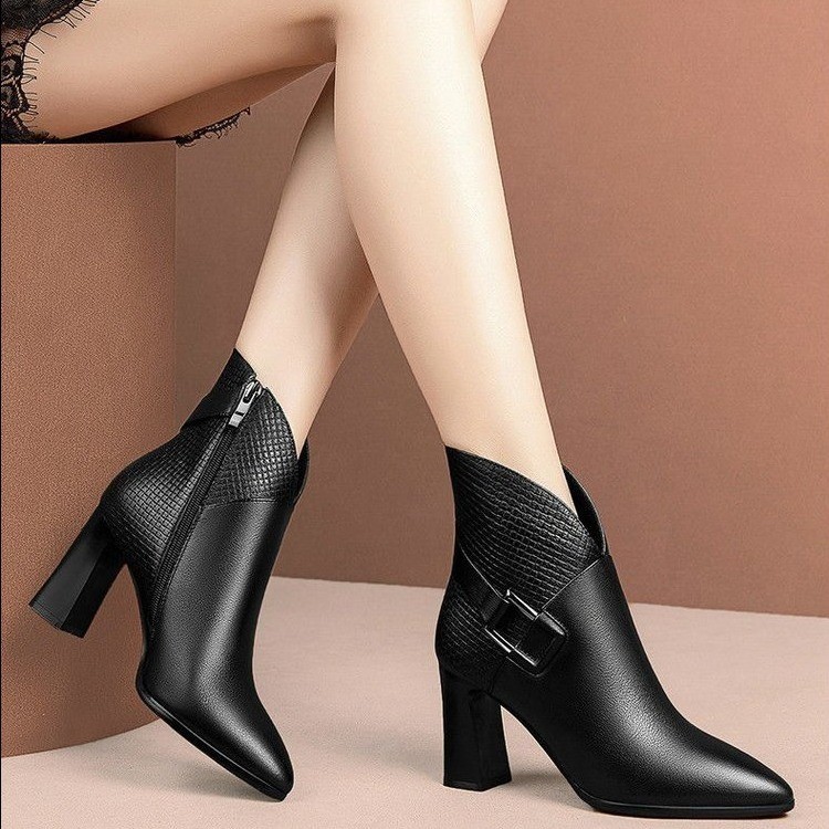 Ảnh thật - Giày boot nữ đế vuông hai màu đen, nâu cá tính cao 7.5cm B161