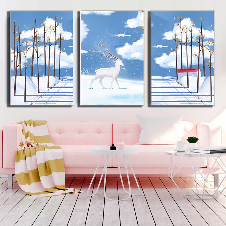 Bộ 3 tranh canvas trang trí phòng trẻ em Hươu giữa rừng tuyết - TTE018