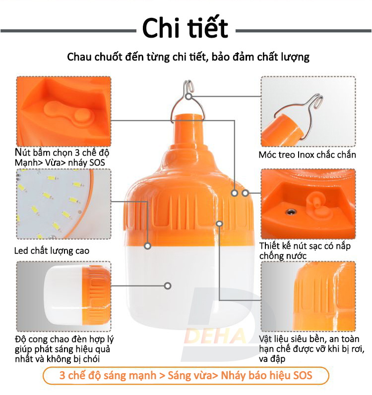 Bóng đèn Led sạc tích điện có móc treo, pin sạc dung lượng lớn, không cần dây điện, bulb chống nước, chiếu sáng du lịch, cắm trại camping, quầy hàng, câu cá, sửa xe - Đèn sạc không dây