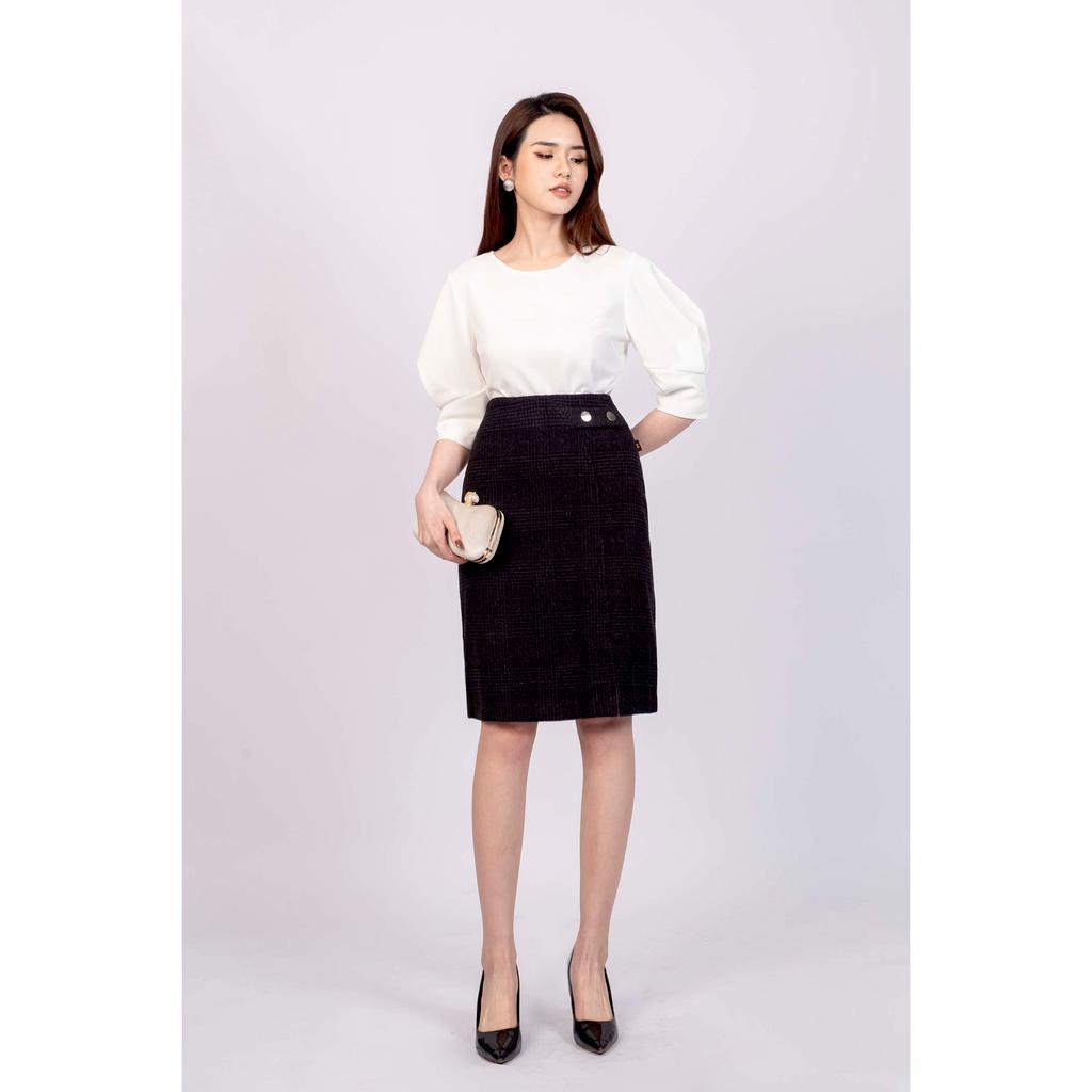 Chân váy dạ kẻ, đính cúc ở cạp MMOutfit J0920394