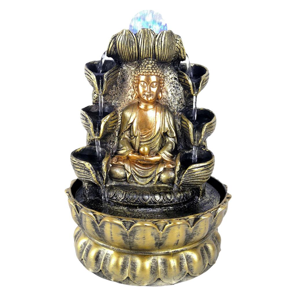 Sitting Buddha Fountain Fengshui Buddha Indoor Decoration Zen Meditation Tabletop Decorative Waterfall with Led Light for Office and Home Decor