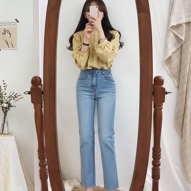 Áo sơ mi caro cổ tròn tay phồng thời trang Hàn Quốc cho nữ