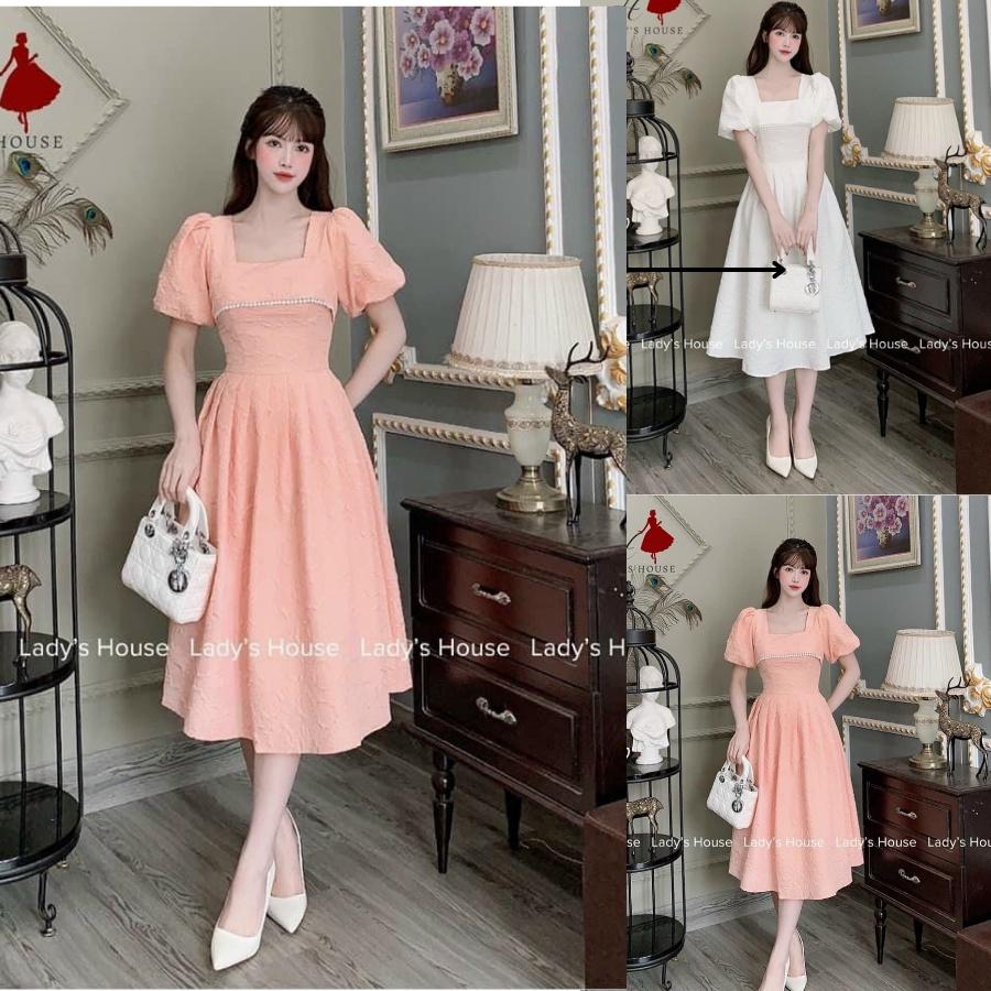 Đầm tay bồng cổ vuông viền ngực,váy đầm thiết kế dáng xòe chất liệu gấm xốp tiểu thư dự tiệc dạo phố GKM FASHION