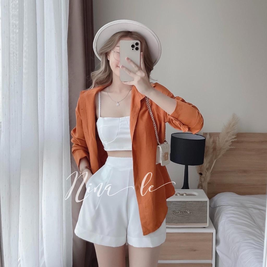 Sét bộ 3 món thời trang nữ áo khoác sơ mi kèm croptop 2 dây, phối quần đùi ống rộng thích hợp cho nàng dạo phố, đi biển