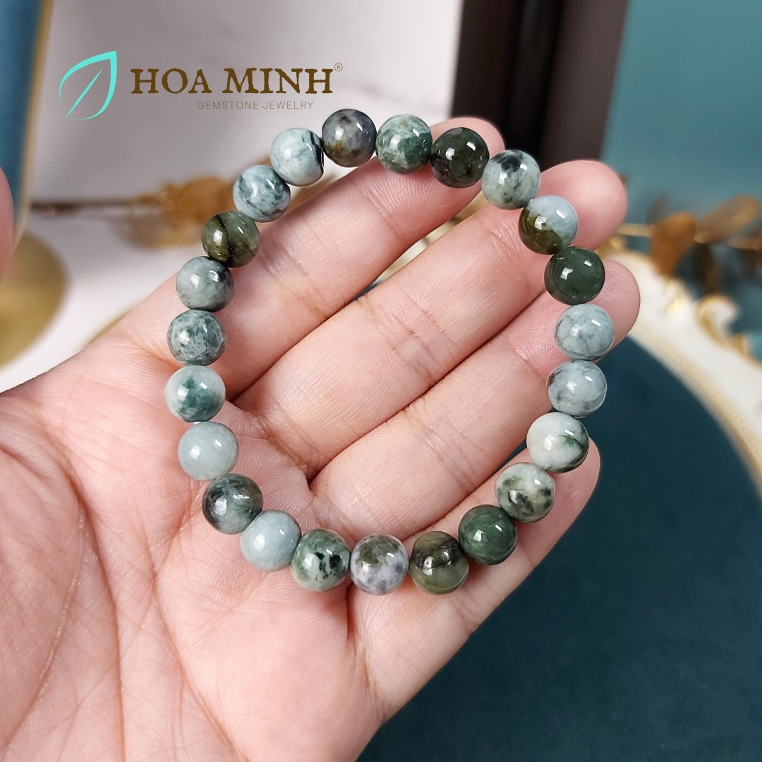 Vòng chuỗi tay đá Cẩm Thạch tự nhiên lên bông trơn size hạt 8 li rất đẹp không kén mệnh