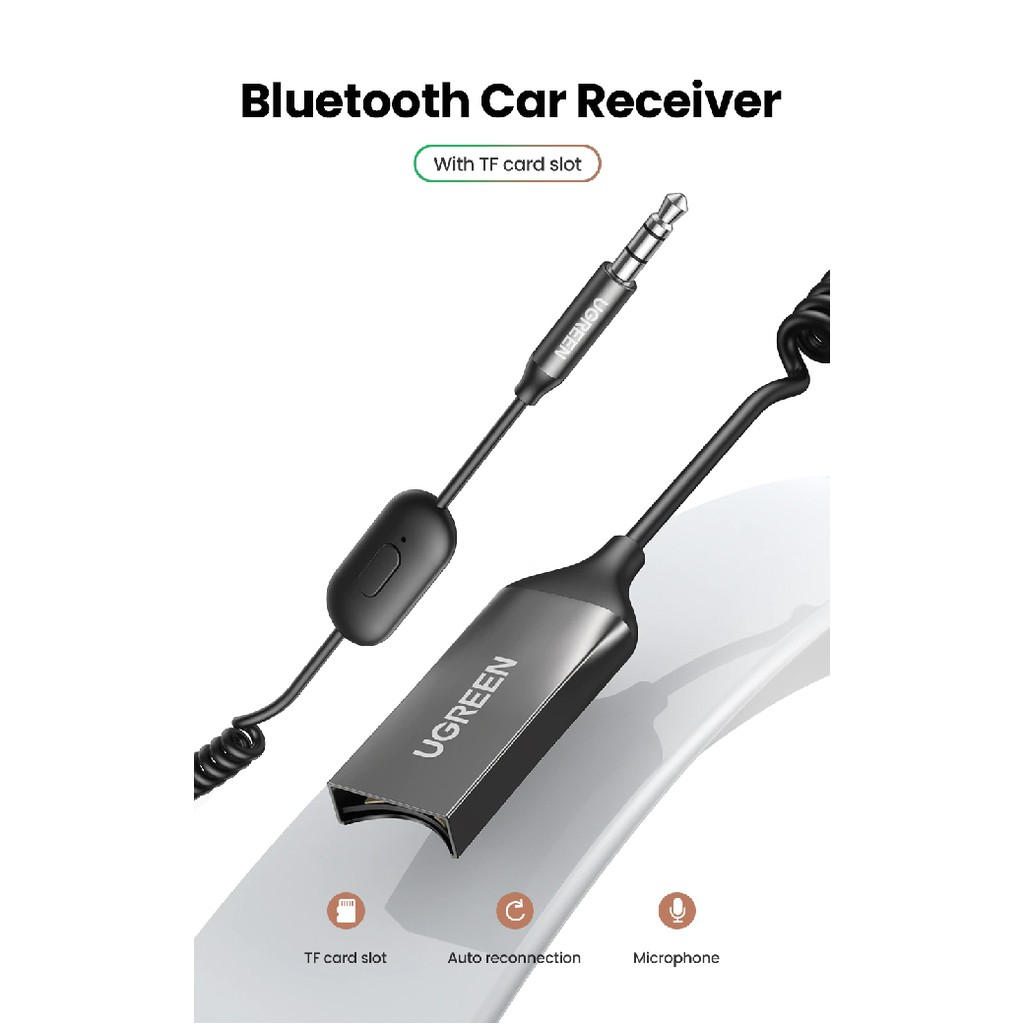 Bộ thu Bluetooth 5.0 UGREEN CM309 70603 - Bluetooth 5.0, dây lò xo tiện lợi, chống rối - Vỏ hợp kim - Hàng nhập khẩu chính hãng