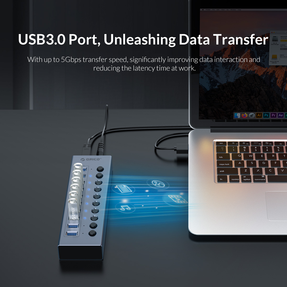 Hub Orico BT2U3-16AB-GY USB 3.0 16 Công Tắc Bật/Tắt Nguồn 12v Kèm Sạc Cho Máy Tính Bằng Nhôm - Hàng Chính Hãng