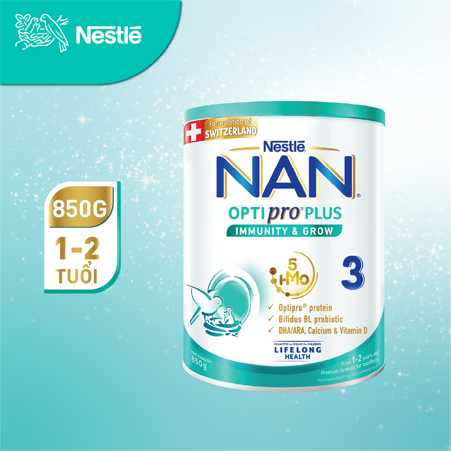 Sữa bột Nestlé NAN OPTIPRO PLUS 3 850g/lon với 5HMO (1-2 tuổi)