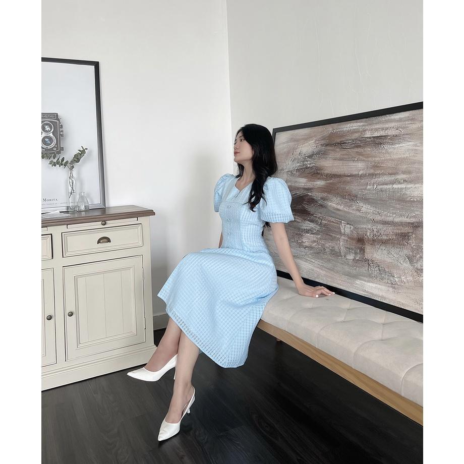 BBSTORE'S Đầm Xòe Tay Phồng Caro Nút Bọc Thời Trang Cho Nữ Đi Làm Đi Tiệc -D1056