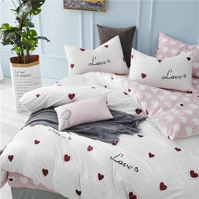 CHĂN GA GỐI POLY COTTON TIM HỒNG, SÉT CHĂN GA GỐI 5 MÓN -PP