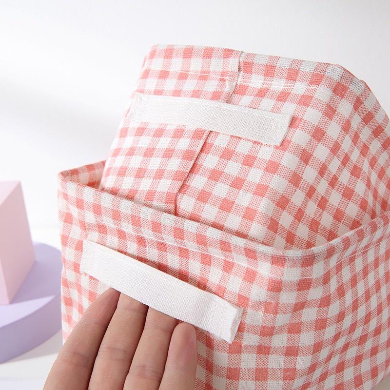 Hộp vải đựng đồ, giỏ vải kẻ cara màu hồng dễ thương có quai xách, giúp sắp xếp mỹ phẩm, sách vở, quần áo gọn gàng