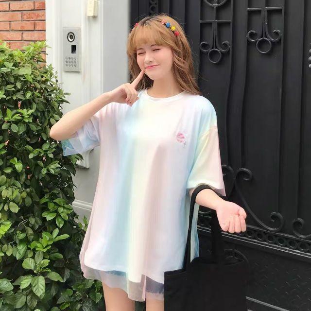 Áo thun tay lỡ phối lưới cầu vồng Hàn Quốc