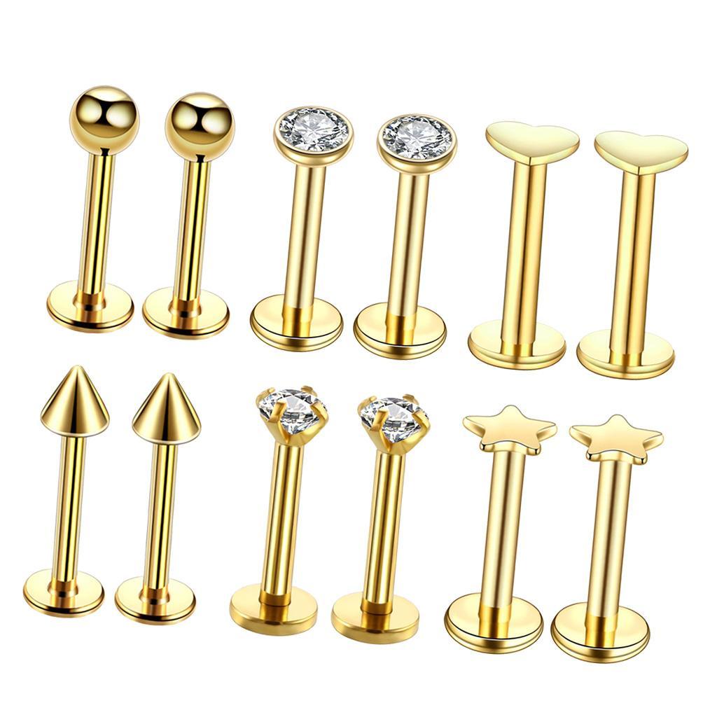 2-7pack 16G Steel Lip Bar Labret Lip Rings Tragus Stud Piercing Jewelry Golden