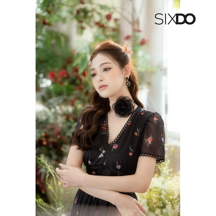 Đầm hoa midi cổ V thời trang SIXDO