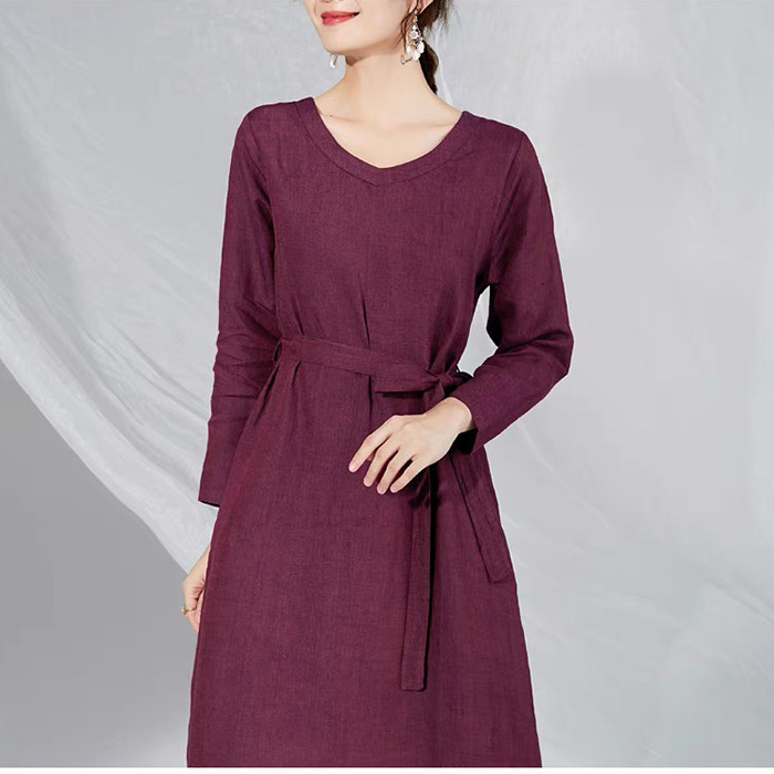 Đầm suông linen cô tim dài tay kèm đai rời trẻ trung LAHstore, thời trang hè thu 2021 - Đỏ bã trầu