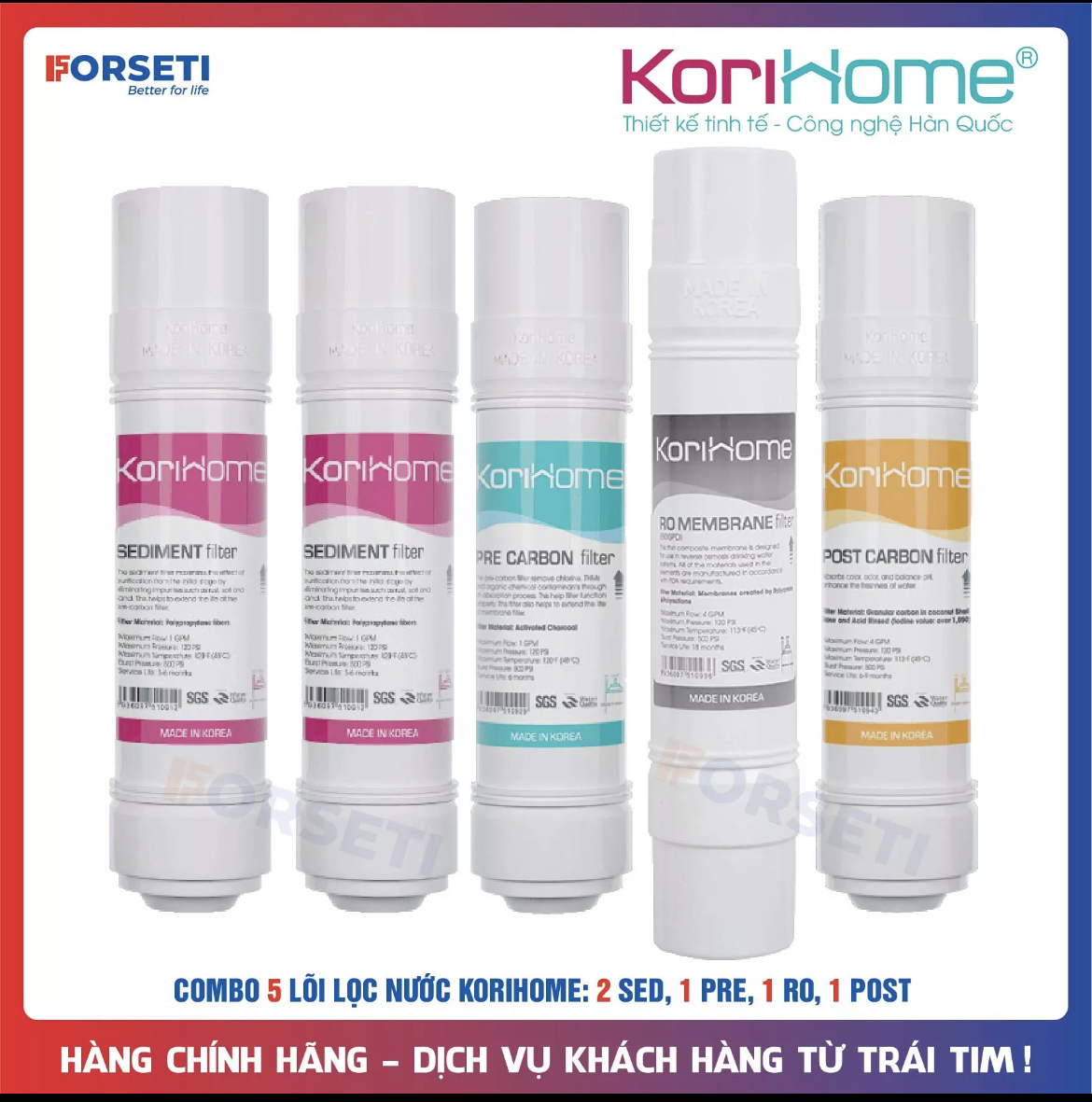 Combo 5 lõi Korihome bao gồm 2 sediment + 1 pre + 1R.O + 1 Post) - Hàng chính hãng