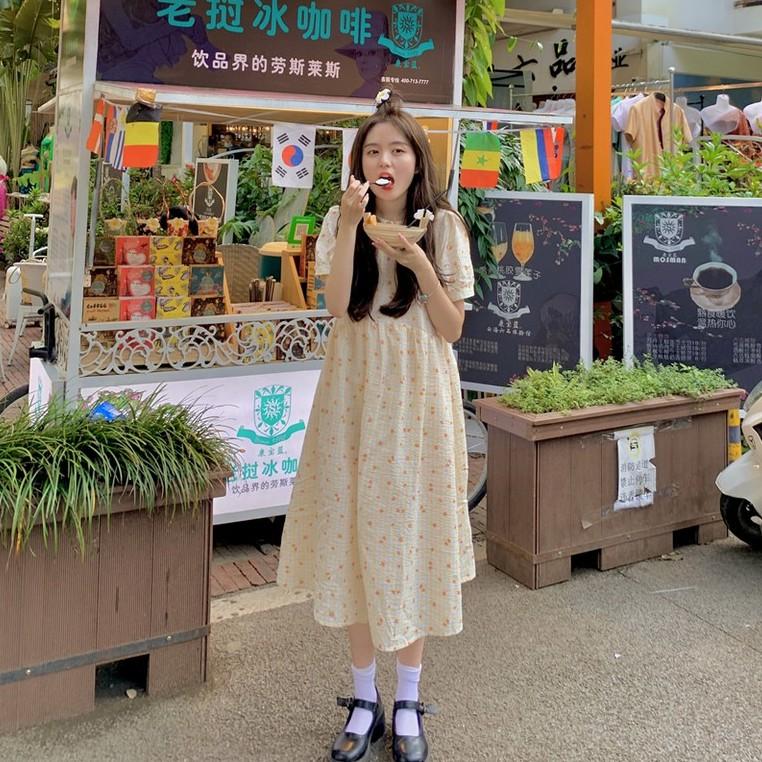 Đầm Dài Midi Cổ Sen Kẻ Sọc Caro Hoạ Tiết Hoa Nhí Ulzzang