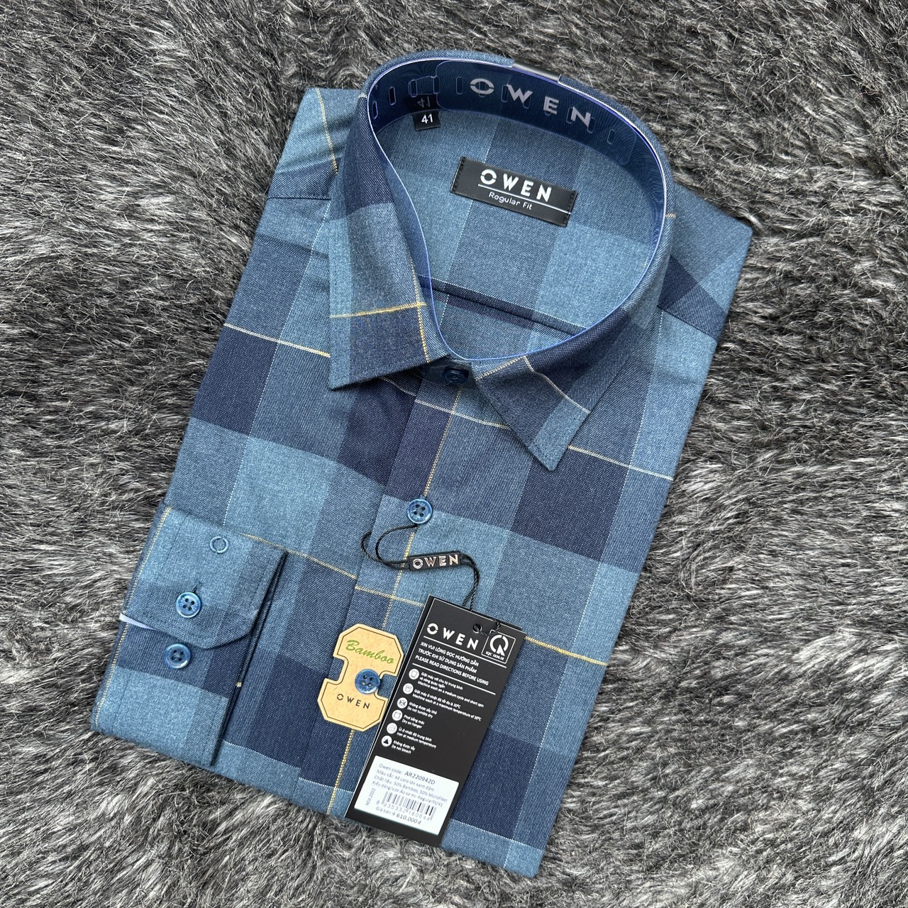 OWEN - Áo sơ mi dài tay Owen Regularfit chất sợi tre kẻ ca rô xanh đậm 220942