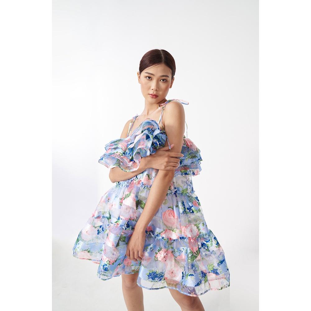 DOTTIE - Đầm hoa vải ogranza nhún bèo ngực nữ xanh biển D0371