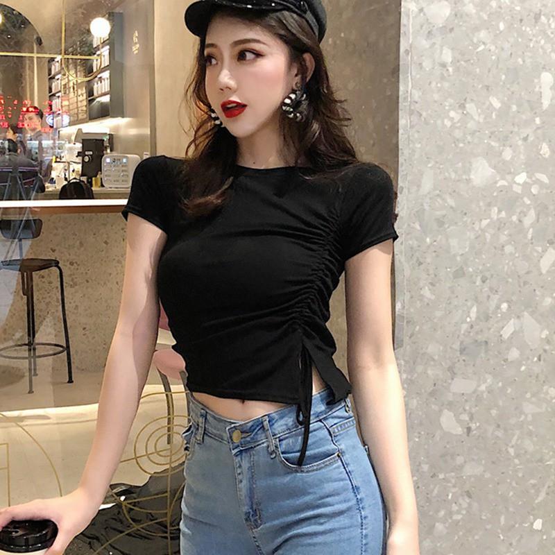 Áo thun tay ngắn cổ tròn dây rút cho nữ