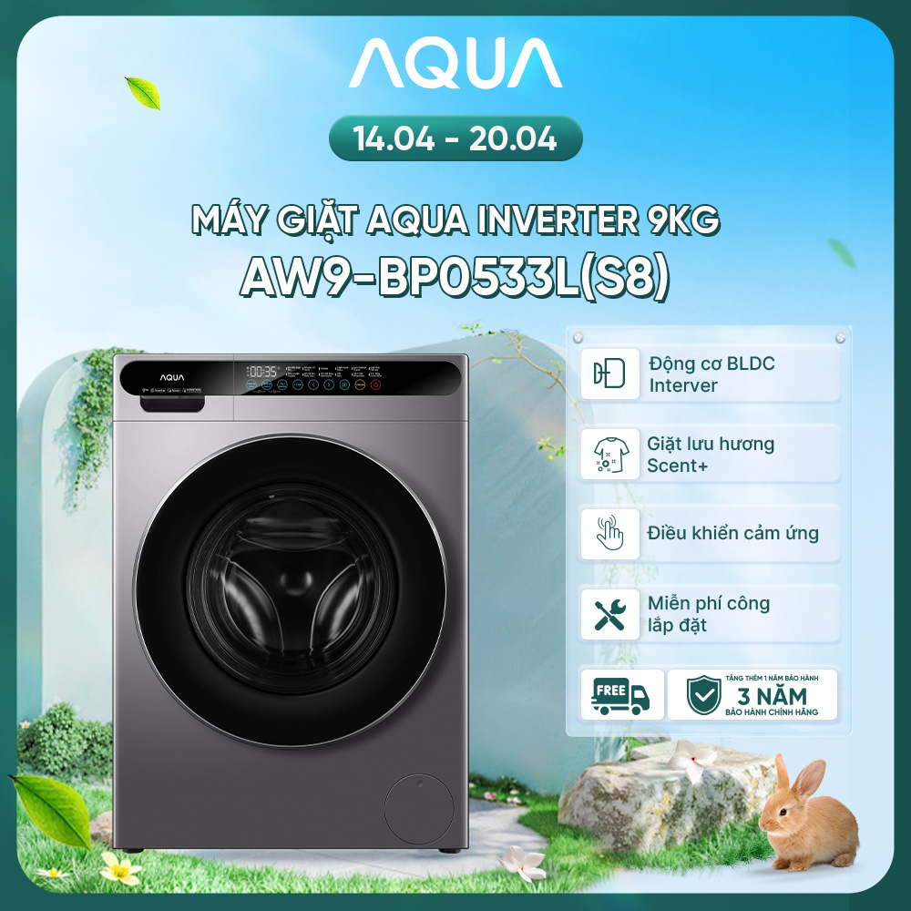 [SẮP RA MẮT 2026] Máy giặt cửa trước AQUA Inverter 9kg AW9-BP0533L(S8) - Bảo hành 2 năm - Freeship toàn quốc - Hàng chính hãng