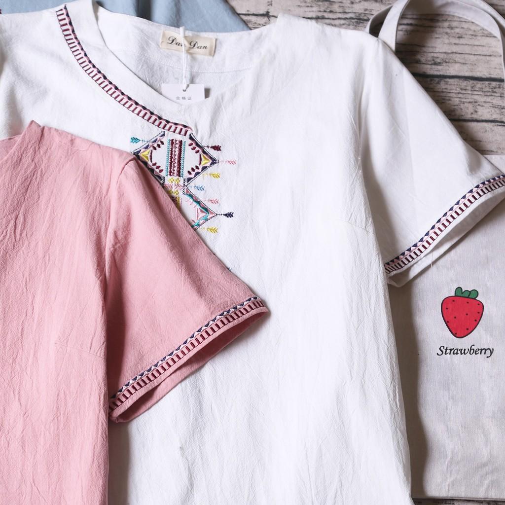ÁO THÔ LINEN THÊU HỌA TIẾT VÀ VIỀN TAY