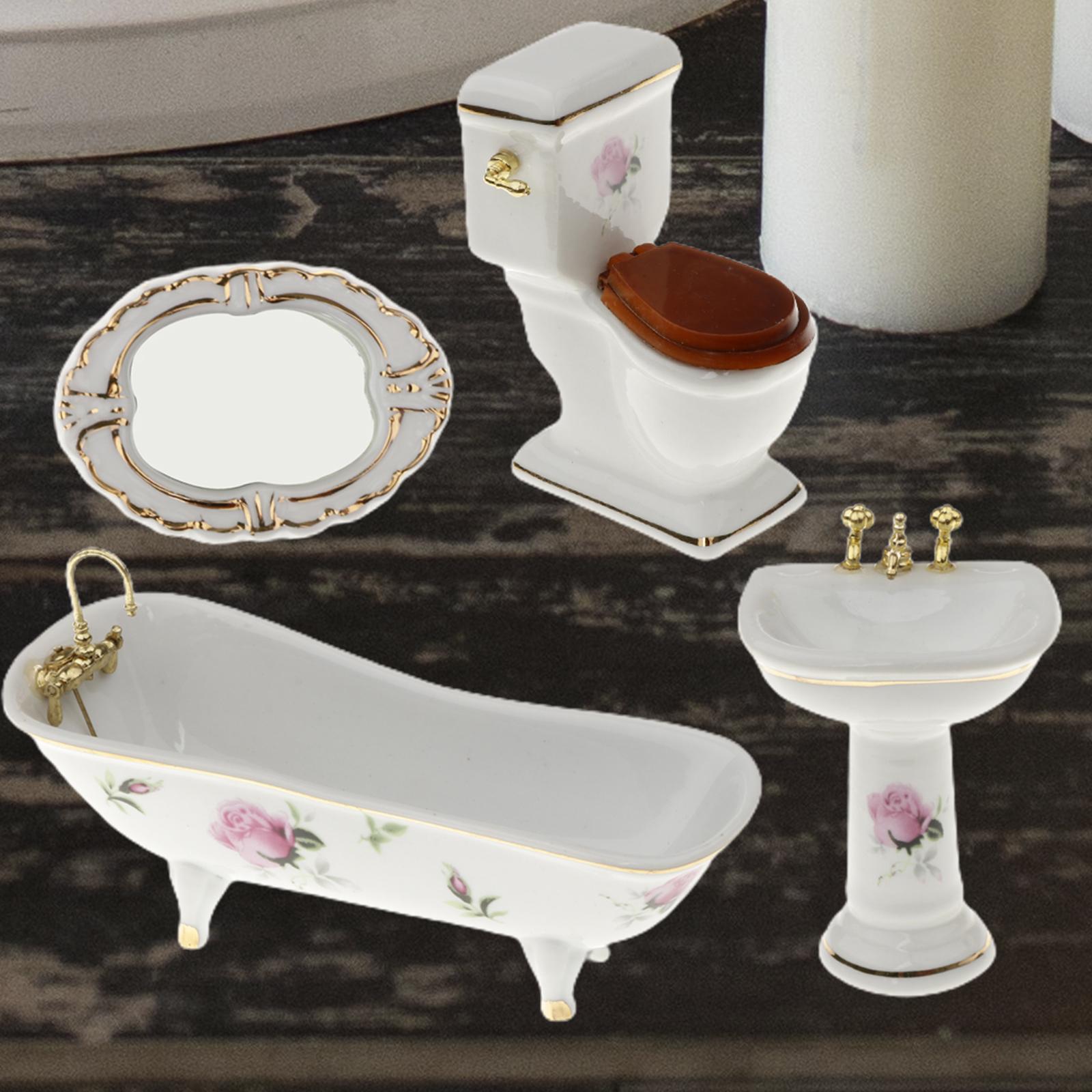 Bathroom Decor Floral Toilet Bathtub Set Dollhouse Miniature Accs 1:12 #5